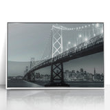 Art deco poster of San Francisco skyline in muted gray tones, framed acrylic, ideal for modern art wall decor.