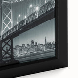 Extra large framed canvas featuring a textured depiction of the San Francisco skyline in black with colorful accents.