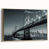 Framed canvas of a vintage-style San Francisco landscape in black and gold tones, ideal for bedroom wall art.
