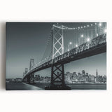 Black and white stretched canvas of the San Francisco skyline, suitable as large kitchen wall art.