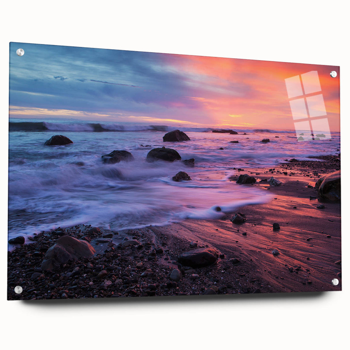 Acrylic print of Santa Barbara with shades of blue and green, ideal for dining room art.