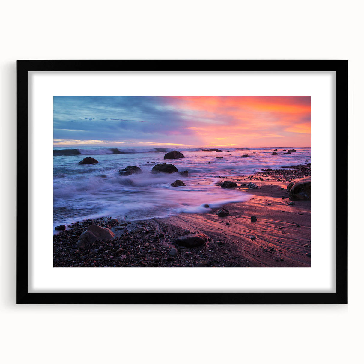Extra large abstract art print of a colorful, textured California scenery, framed in black, suitable for living room decor.