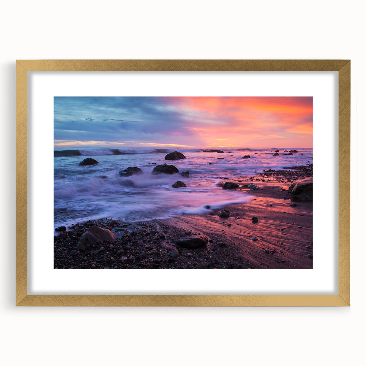Extra large abstract art print of Santa Barbara scenery in muted gold and blue tones on a framed canvas.