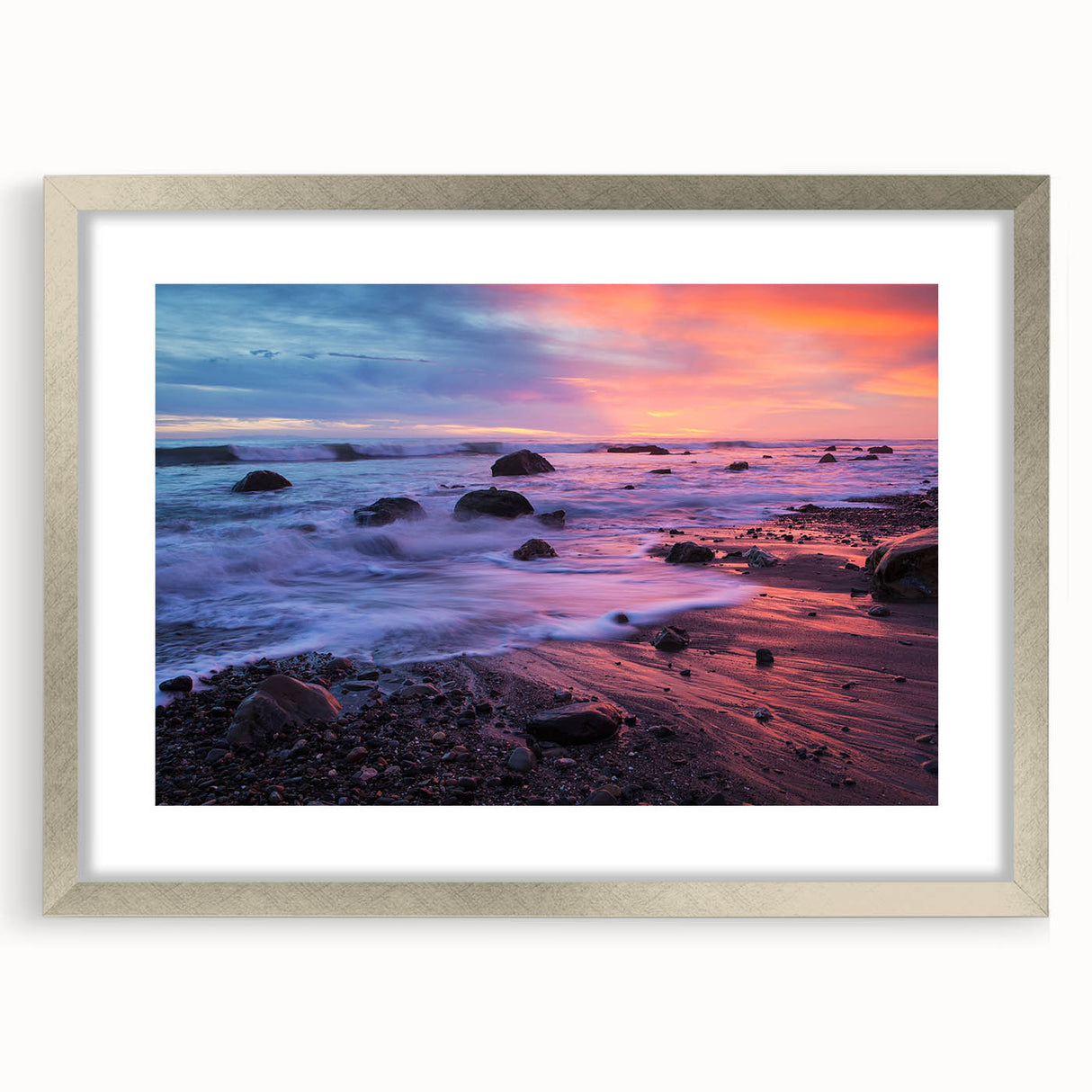 Textured abstract art print of Santa Barbara scenery in silver frame, ideal for bedroom art.