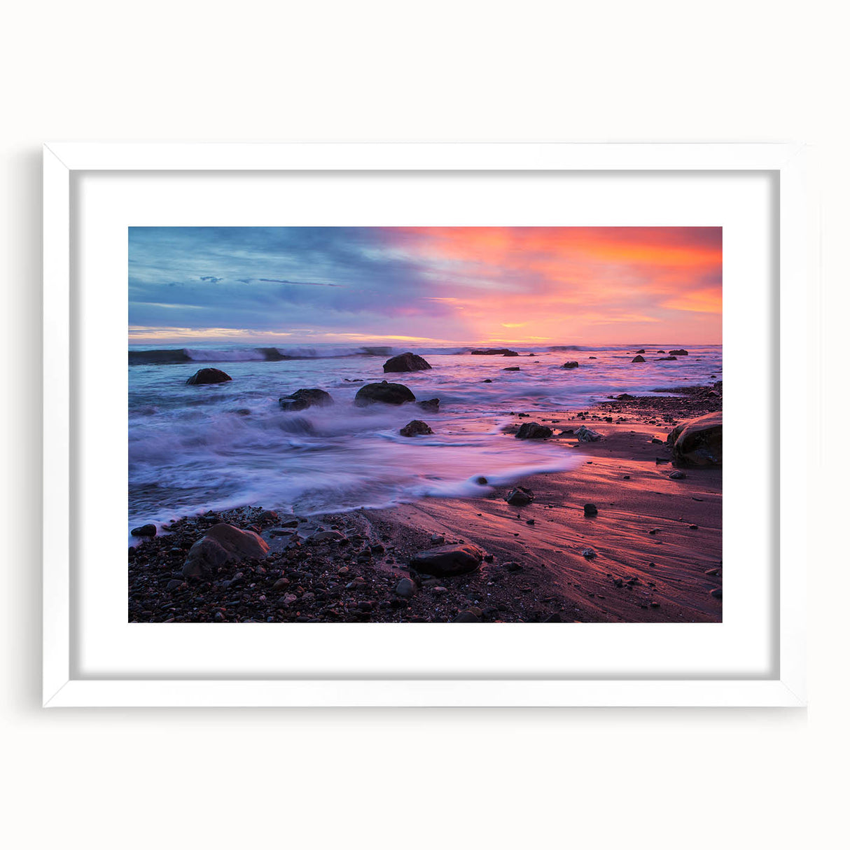 Abstract art print of Santa Barbara scenery in muted earth tones, framed with a white mat, suitable for dining room decor.