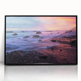 Large abstract wall art depicting Santa Barbara scenery in muted gray and blue tones on a black framed acrylic.