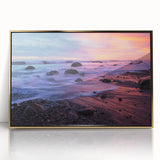 Large art print of Santa Barbara scenery in mid-century modernist style, featuring acrylic on gold frame.