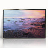 Mid-century modernist art depicting the Santa Barbara coastline in muted earth tones, framed acrylic.