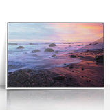 Art deco style poster of Santa Barbara scenery in muted blue and white tones, acrylic framed.