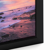 Extra large framed canvas featuring a textured depiction of Santa Barbara scenery in black with colorful art accents.
