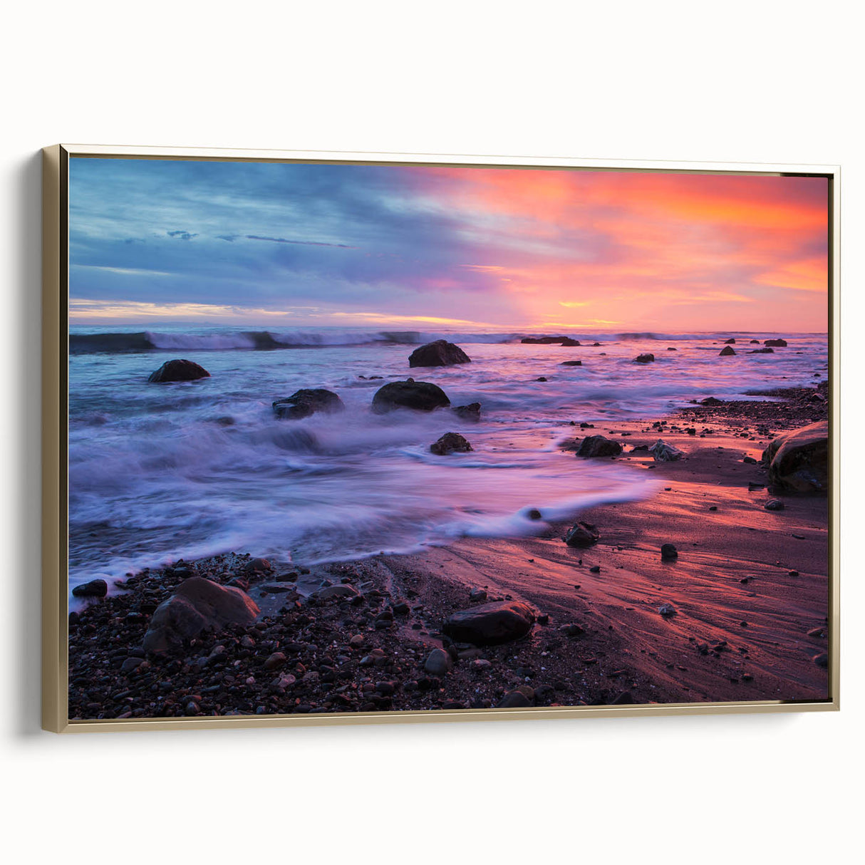 Framed canvas wall art depicting a vintage Santa Barbara landscape in black and gold tones, ideal for bedroom decor.
