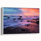 Vintage poster art of Santa Barbara scenery, featuring colorful art on a white framed canvas.