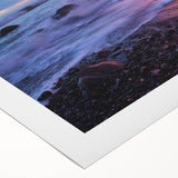 Art deco poster of Santa Barbara coastline in muted blue and beige tones on rolled canvas, suitable for dining room decor.