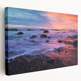 Large stretched canvas depicting the Santa Barbara coastline in soft pastel shades, ideal for kitchen wall art.
