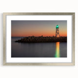 Abstract textured art print of Santa Cruz coastline in muted blue tones, framed in silver, ideal for bedroom decor.