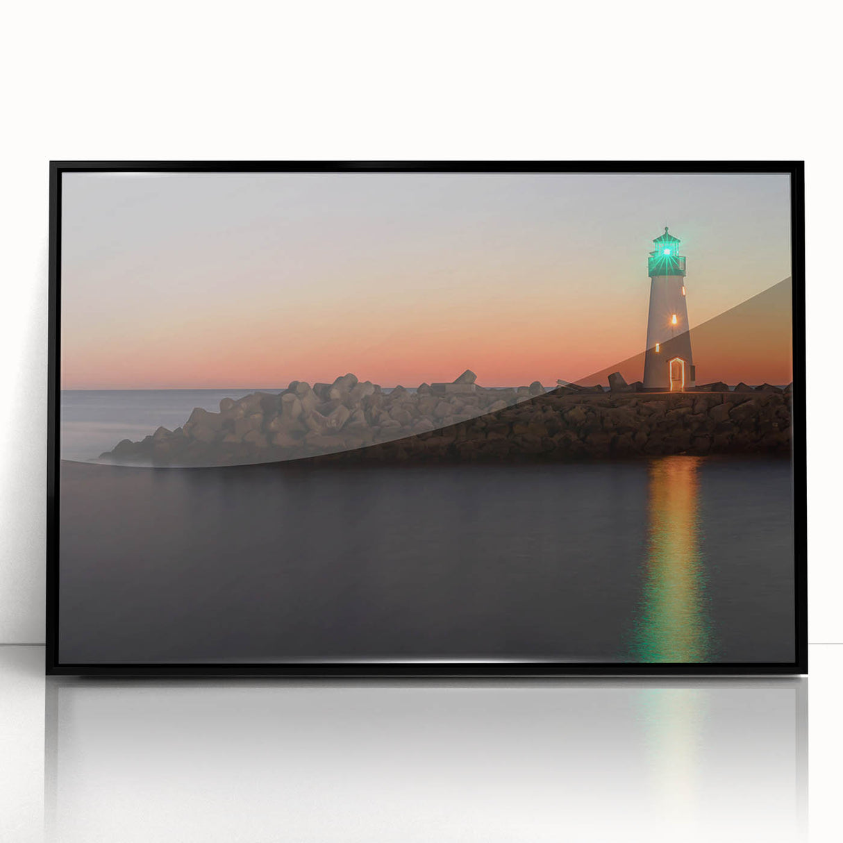 Large abstract wall art depicting the Santa Cruz coastline in muted gray and blue tones on a framed acrylic panel.