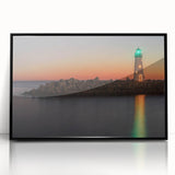 Large abstract wall art depicting the Santa Cruz coastline in muted gray and blue tones on a framed acrylic panel.