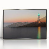 Mid-century modernist art of Santa Cruz scenery in silver-framed acrylic, featuring muted earth tones.