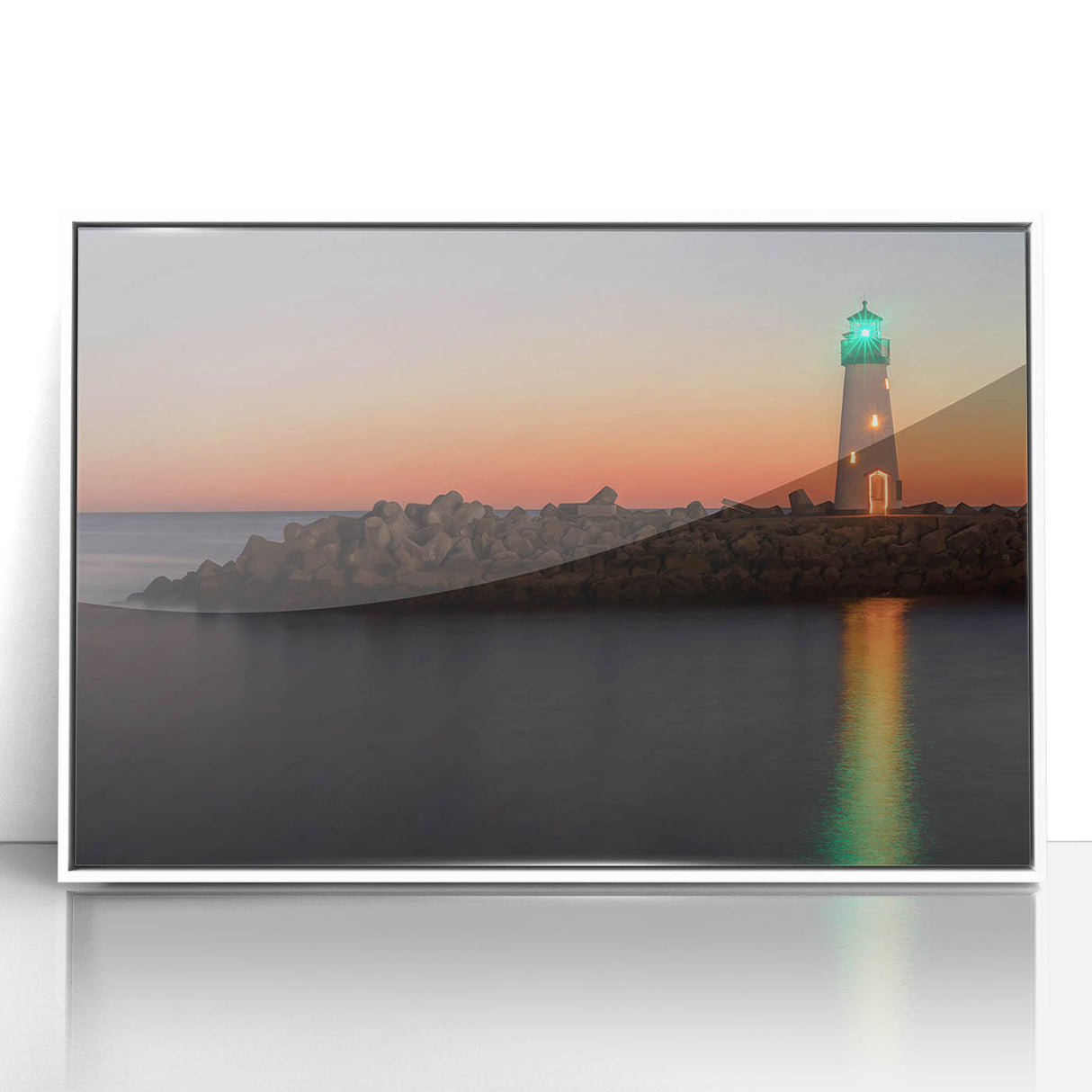 Acrylic print of Santa Cruz scenery in art deco style, featuring a white frame, ideal for modern nursery wall decor.