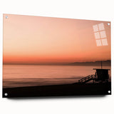 Large abstract wall art of Santa Monica scenery in muted blue and green tones on acrylic glass.