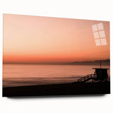 Large abstract depiction of Santa Monica scenery in muted blue and green hues on acrylic glass.