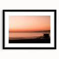Abstract art print of Santa Monica scenery in vibrant colors on a textured, extra-large canvas, framed in black.