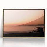 Mid-century modernist Santa Monica beach scene on a large framed acrylic print, featuring soft pastel shades.
