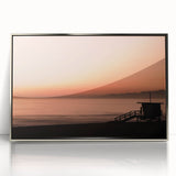 Mid-century modernist art depicting Santa Monica scenery in muted pastels on a silver-framed acrylic.