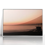 Art deco poster of Santa Monica scenery in muted blue and white tones, acrylic framed, ideal for modern nursery wall art.