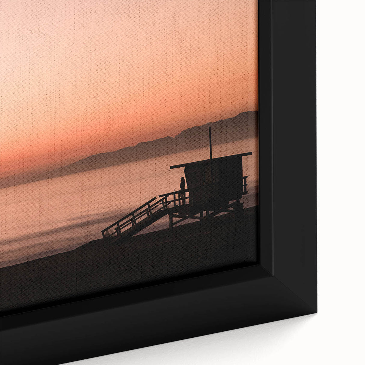 Extra large framed canvas depicting the Santa Monica Pier in black with colorful, textured abstract elements.