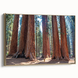 Framed canvas of vintage-style California sequoia landscape in muted earth tones, ideal for bedroom wall art.