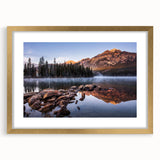Extra large wall art of abstract Sierra Nevada scenery in textured gold frame, ideal for living room decor.