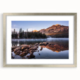 Textured abstract art print of Sierra Nevada in muted earth tones on a framed silver mat, suitable for bedroom art.