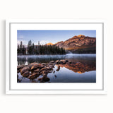 Abstract art print of the Sierra Nevada in muted earth tones on a framed white mat, ideal for dining room decor.