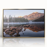 Large art print of Sierra Nevada scenery on gold-framed acrylic, featuring mid-century modernist style.