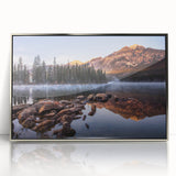 Mid-century modernist art of Sierra Nevada landscape in muted earth tones, silver-framed acrylic.