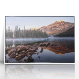 Acrylic print of Sierra Nevada landscape in pastel colors, framed in white, suitable for modern nursery decor.