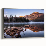 Framed canvas depicting a vintage-style landscape of the Sierra Nevada, with colorful art elements on a black background.