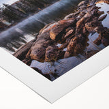 Art deco poster of Sierra Nevada landscape in muted earth tones on rolled canvas, suitable for dining room wall art.