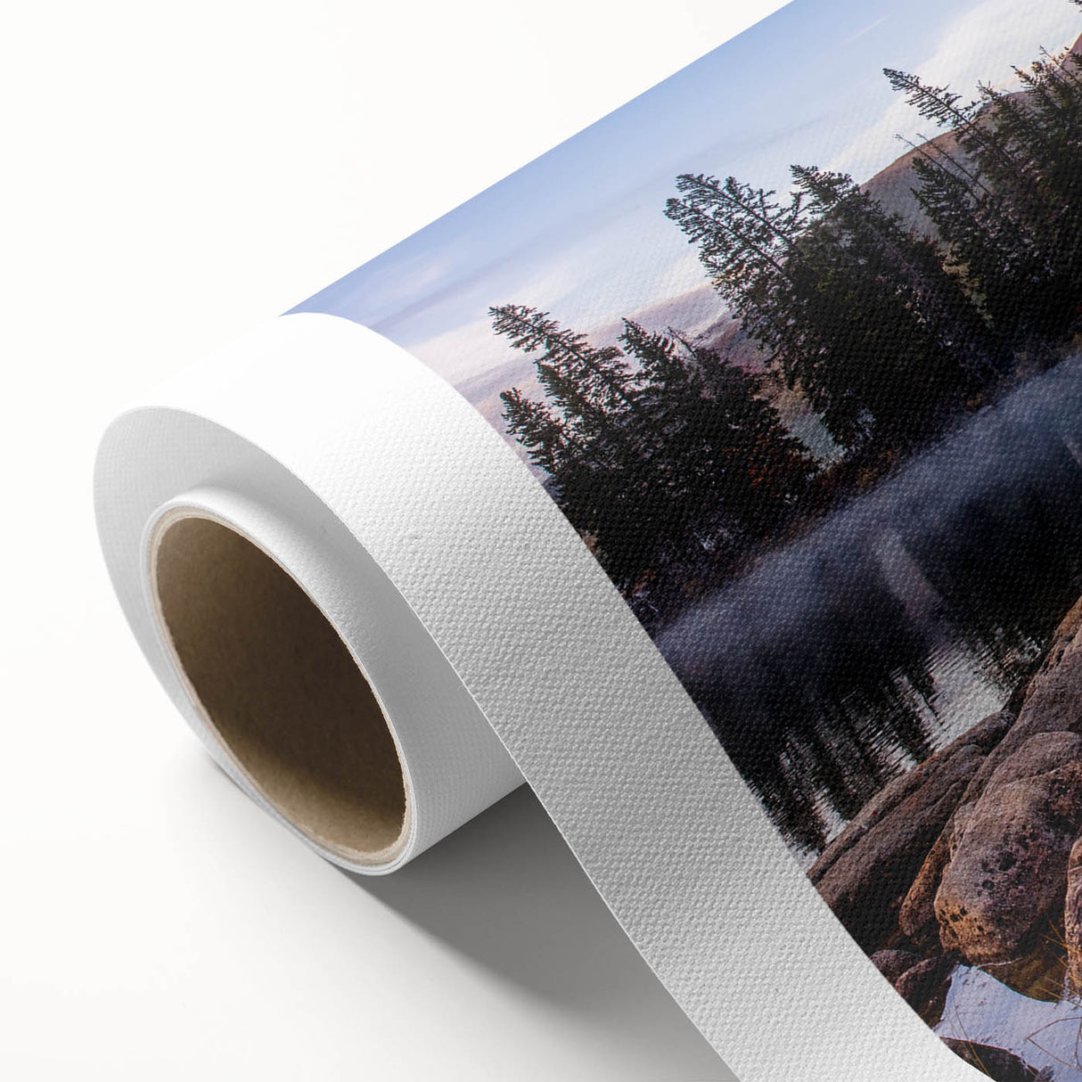 Art deco poster of Sierra Nevada scenery in soothing pastel shades on rolled canvas, ideal for nursery wall art.