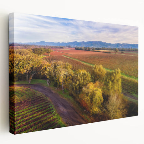Side view of a stretched canvas depicting the Sonoma, California landscape in muted earth tones, ideal for kitchen wall art.
