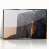 Large acrylic print of Yosemite scenery in muted earth tones, framed in gold, suitable for modern art wall decor.