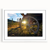 Abstract art print of Vail, Colorado in muted earth tones on a framed white mat, suitable for dining room decor.