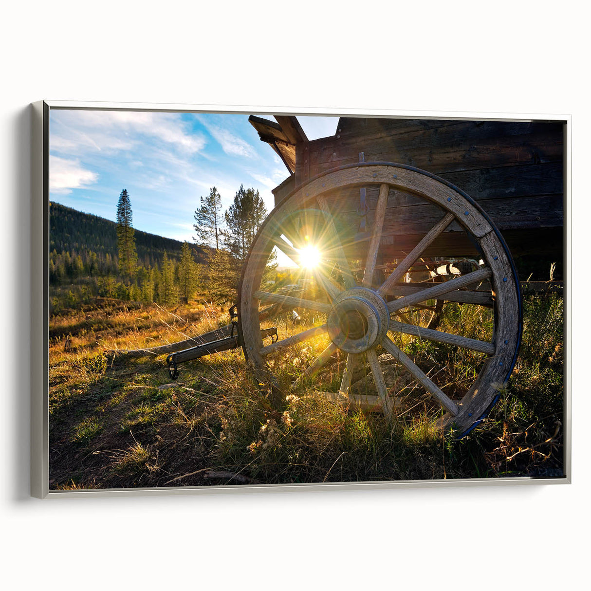 Framed canvas landscape art painting of Vail, Colorado, featuring colorful vintage-style imagery on a black background.
