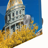 Large abstract wall art depicting the Denver skyline in muted earth tones on acrylic glass, suitable for dining room decor.