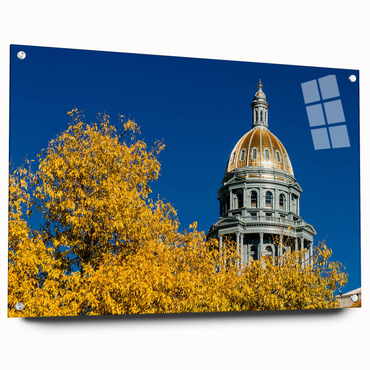 Acrylic print of a large abstract depiction of Denver skyline in muted blues and grays.