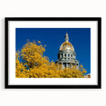Extra large framed abstract art print of a colorful Denver skyline, ideal for living room decor.