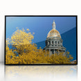 Large abstract wall art of Denver skyline in muted colors, framed acrylic, ideal for modern living room decor.