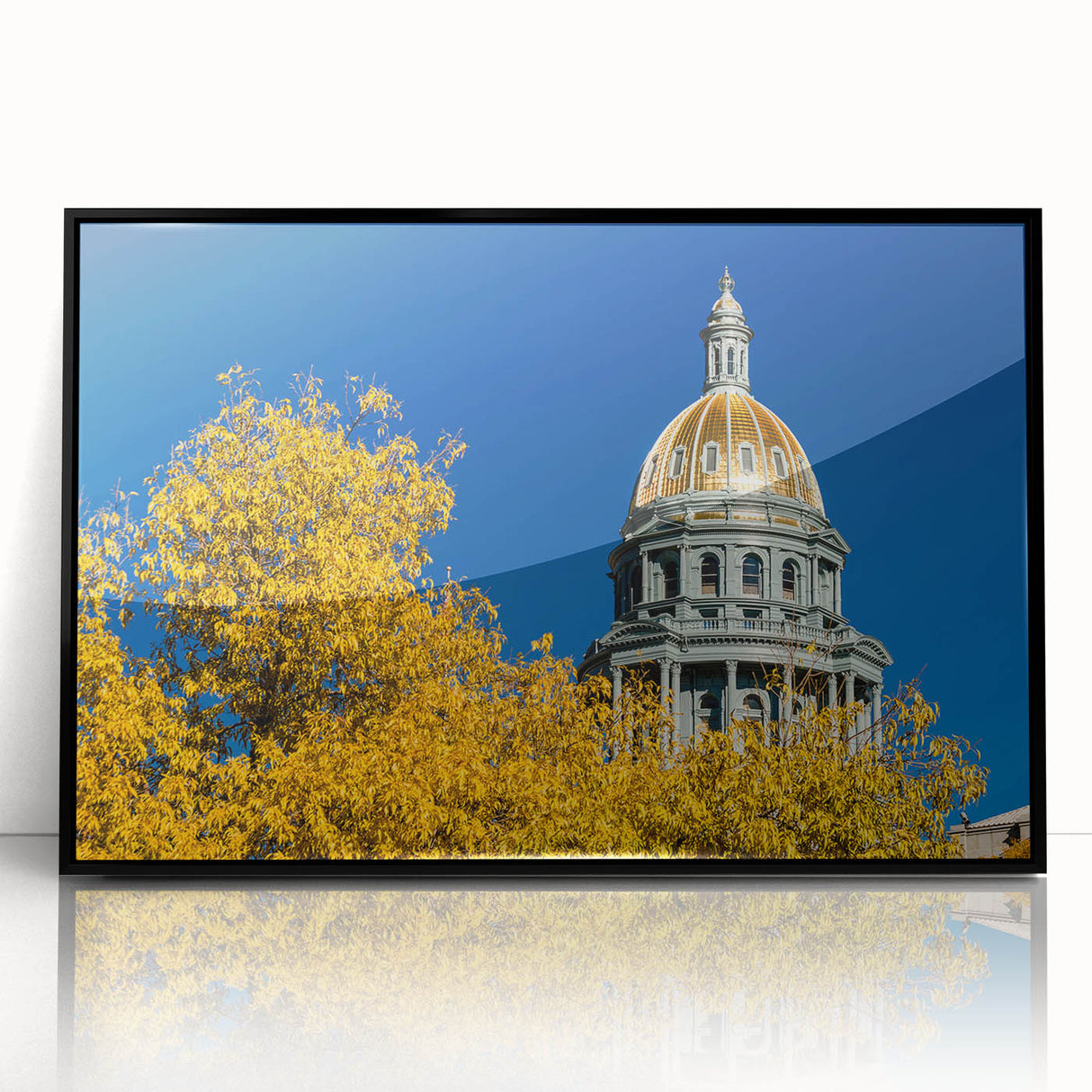 Large abstract wall art of Denver skyline in muted colors, framed acrylic, ideal for modern living room decor.