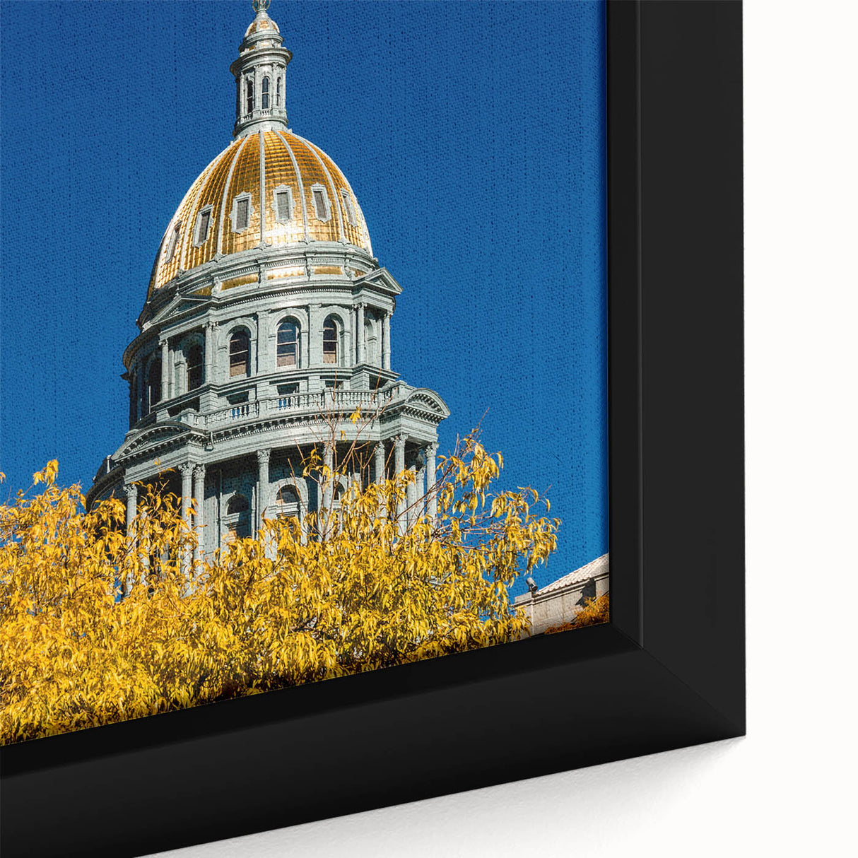Textured black wall art of Denver skyline in vibrant colors on a large framed canvas, suitable for living room decor.